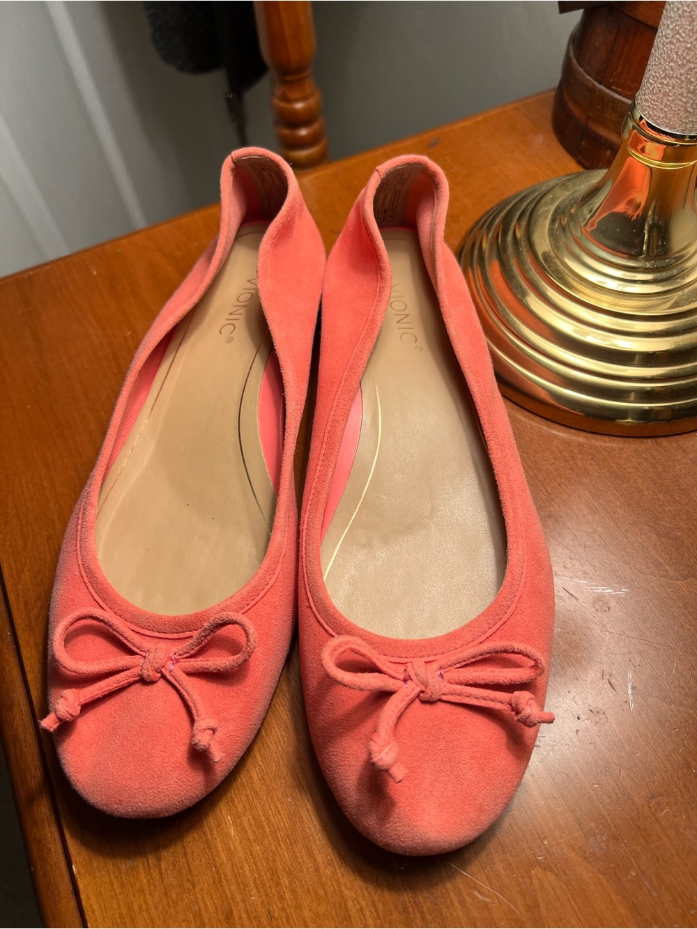 Vionic Coral-Orange Suede Ballet Flats with Bow